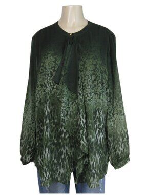 Dennis Basso Forest Green Abstract Floral Ombre Ascot Career Office Blouse 18W
